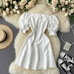 Summer Puff Sleeve Off Shoulder Dress Women Streetwear Single-breasted Short Elegant White Red Party 210430