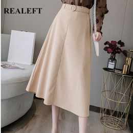 Solid Colour Women Midi Skirts Autumn Fashion Korean OL Style High Waist Ladies A-Line with Belt Female 210428