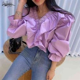 Sweet High Quality Spring Summer Vintage Brief Blouses All Match Office Lady V-Neck Solid Cotton Ruffles Basic Shirts 13568 210521