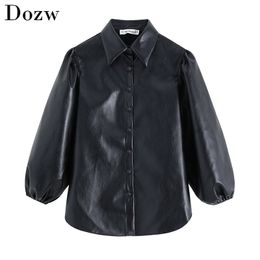 Vintage Black PU Faux Leather Blouse Shirt Women Fashion Turn Down Collar Lantern Sleeve Shirt Streetwear Blouse Top Blusas 210414