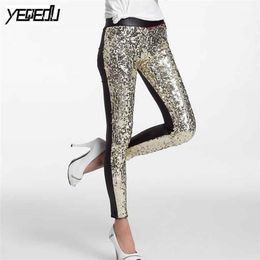 #0503 Spring Summer Punk PU Sequins Leggings Sequin Pants Elastic High Waist Sexy Club Faux Leather Shiny Silver/Gold/Red 211215