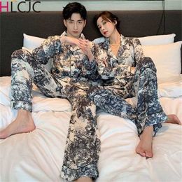 Couple Pajamas Set Women Mens Silk Satin Pajama Couples Long Sleeve Sleepwear Homewear Pj Unisex Pyjamas Plus Size M-3XL 210928