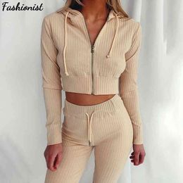 2021 SPring Women Pajama Set Home Hooded Long-sleeved With Zipper Top & Pants Suit Outfits Ladies Slim Casual Suit Homewear X0428