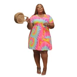 Multicolor Printing Women Casual Loose Dress Plus Size Fashion O-neck Short Sleeve Summer Selling Mini Dresses 210525