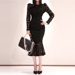 Dress autumn and winter ladies fashion temperament women's slim slimming bag hip lace fishtail 210416