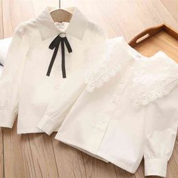 New Spring Autumn 3 4 6-12 Years Teenager All Match Gentle Long Sleeve White Solid Color Kids Girls Bow White Blouses Shirt 210414