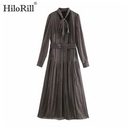 Dot Print Maxi Long Dress Autumn Spring Bow Tie Neck Elegant Pleated es Sleeve Bandage Shirt Vestidos 210508