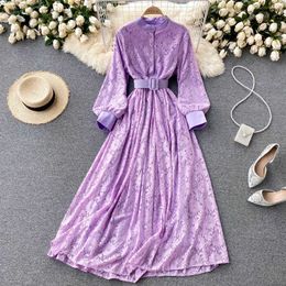 Women Lace Long Dress Vintage Stand Collar Lantern Sleeve Single Breasted Pink/Purple/Green/Yellow Vestidos Female Robe Autumn Y0603