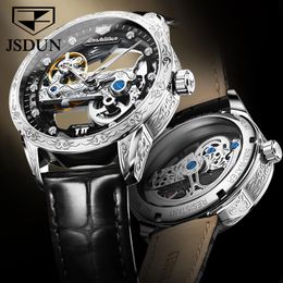 Wristwatches JSDUN See Through Skeleton Hollow Leather Men's Wrist Watches Sports Luxury Mechanical Male Clock Relogio Masculino