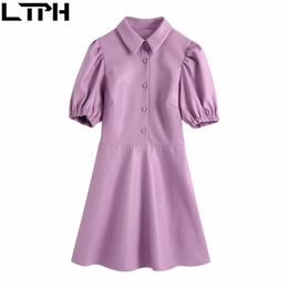 vintage Puff Sleeve Synthetic Leather women dress lapel Single-breasted High waist Solid PU Short dresses Autumn 210427