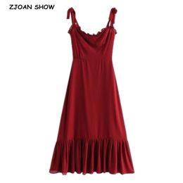 French Solid Women Dress Bodycon Tie Bow Strap Sleeveless Sexy Beach Party Vintage Female 2 Colours 210429