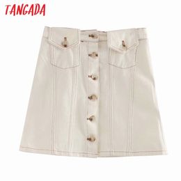 Women Summer Denim White Skirts Faldas Mujer Buttons French Style Female Mini Skirt 6P17 210416