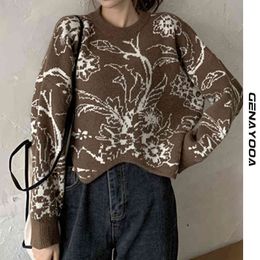 Genayooa Autumn Winter Pullover Mohair Sweater Women Long Sleeve Irregular Loose Knitted Jumper Ladies Floral Print Top Korean 210417