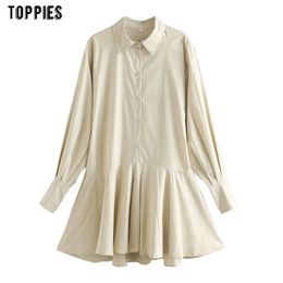 Toppies Woman Beige Blouses Dress Long Sleeve Ruffles Mini Dress Turn Down Collar 100% Cotton Shirts 210412