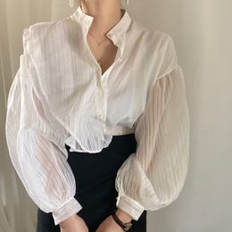 Transparent Lantern Long sleeve Stand Collar Blouse Shirt blusas Striped Spliced Femininas harajuku Women T26A 210420