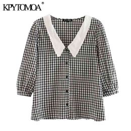 Women Fashion With Embroidery Collar Check Blouses Short Sleeve Button-up Female Shirts Chic Tops 210420