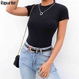 Skinny Solid Stretch Summer Basic Bodysuit Women Slim O-Neck Short Sleeve Open Crotch Sexy Body Mujer 210510