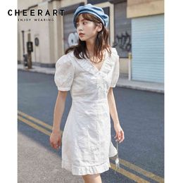 Ruffle White Summer Mini Dress Women Cotton V Neck Jacquard Tunic Puff Sleeve A Line Short 210427