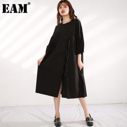[EAM] Women Black Bandage Stitch Big Size Dress Round Neck Long Sleeve Loose Fit Fashion Spring Autumn 1R61001 21512