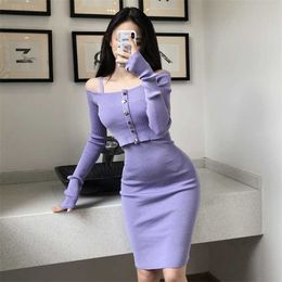 Autumn Solid Matching Sets Slim Purple Strap Wrap Hip Knitted Dress Mini Slim O Neck Long Sleeve Knitted Cardigan Thin Sweaters 211109