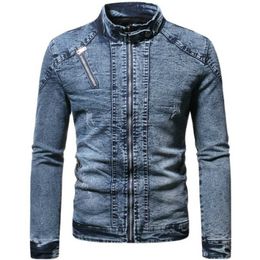 Denim Jacket Men Moto Biker Jean Autumn Winter Fashion Solid Plus Velvet Stand Collar s Casual Coat 211214