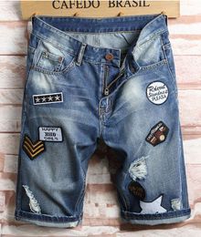 Men Embroidery Blue Jeans Denim Shorts Summer Designer Mens Badge Patckwork Bleached Retro Big Size Letters Patches Short Pants Trousers 312 730