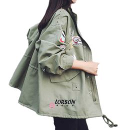 Autumn Winter Women's Military Jacket Drawstring Windbreaker Coat Army Green Embroidery Casacos Jaqueta Feminina Chaquetas Mujer 210531