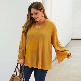 Plus Size XL-4XL Knitted Women Blouse Sexy V-Neck Lace Patchwork Hollow Out Flare Sleeve Spring Autumn Female Blouses W503 210526