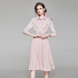 Women Spring Designer Elegant Pleated Dress Fashion Woman Vintage Party Robe Female Ruffle Pink Dresses Vestidos Ladies Belted 210525