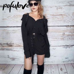 Gothic Dress Black Sexy Shirt Mini Dresses with Belt Summer Punk Long Sleeve Strap Off Shoulder Colthes Female Party Vestidos G1214