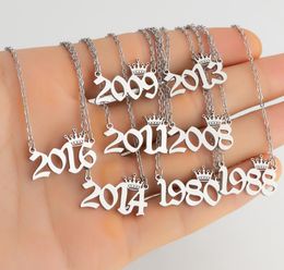 Personalized Birth Year Number Necklaces Custom Crown Initial Necklace Pendants For Women Girls Birthday Jewelry Special Years 1980-2019