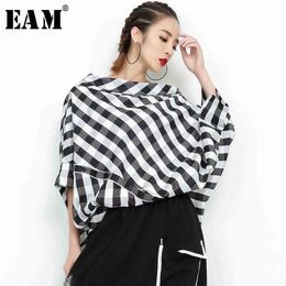 [EAM] Women Black Plaid Big Size Blouse New Slash Neck Threequarter Sleeve Loose Fit Shirt Fashion Spring Autumn JF93801 210410