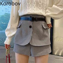 Korobov Autumn Winter Sashes High Waist Plaid Women Shorts Vintage Office Lady Button Short Pants 210430