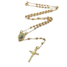 beaded necklaces UK - Kimter Religious Prayer Beads Necklace Gold Plated Jesus Cross Necklaces Rosary Jewelry for Women Men Classic Long Pendant Chains P244FA