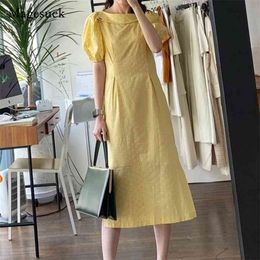 Korean Sweet Puff Sleeve Summer Dress Women Elegant Robes Lace-Up High Waist Female Solid Casual Party Long es 14531 210512