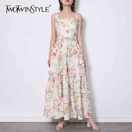 Print Dress For Women Square Collar Sleeveless High Waist A Line Ankle Length Hit Color Dresses Females Summer 210520