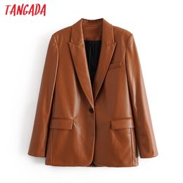 Women Fashion Brown Faux Leather Blazer Coat Vintage Long Sleeve Female Outerwear Chic Tops QN74 210416