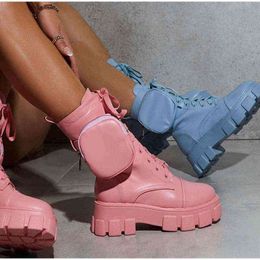 Women's Boots Pocket Lace up Ladies Motorcycles Boots Female Combat Runway Buckle Strap Zipper Ankle Boot Woman Platform Shoes Y1209
