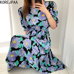 Korejpaa Women Dress Summer Korean Fashion Chic Retro Elegant O Neck Flower Design Waist Slim Bubble Sleeve Vestido Female 210526