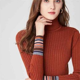 Women Roll Neck Fine Kint Rib Jumper With Striped Sleeve Details Autumn & Winter Slim Fit Knit Top 210512