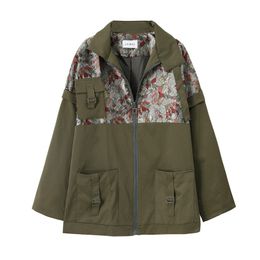 Women Jacket Outwear Spring Autumn Zipper Pocket Army Green Embroidery C0286 210514