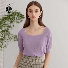 FANSILANEN Short sleeve knitted sweater pullover Women autumn winter vintage white jumper top Purple female knitwear 210607