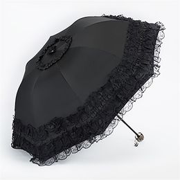 Lace Women Rain Umbrella Sun Paraguas mujer Black Parasol Folding Princess guarda chuva invertido UV Protection Decoration 220217