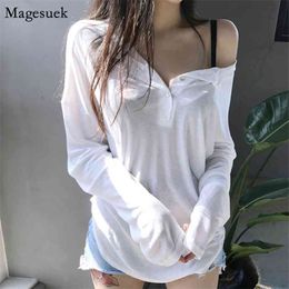 Korean Long Sleeve White Tees Femme T-shirts Women V-neck Office Loose Tshirt Casual Solid Oversized T Shirt 12893 210512