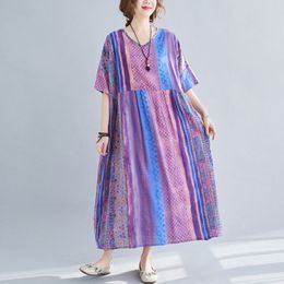 Oversized Women Cotton Linen Casual Dress New Arrival Summer Vintage Style V-neck Print Loose Female Long Dresses S3513 210412