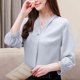 Women Shirts Chiffon Three Quarter-sleeve Spring Blouses shirt Office fashion V-neck top 990i 210420