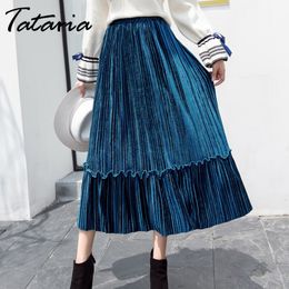 Tataria Women Velvet Pleated Winter Ruffle Skirt Autumn High Waist Long 's Skirts Warm Midi For 210514