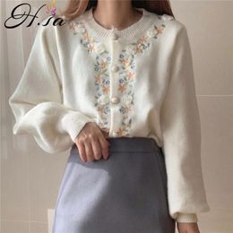 Women Spring Cardigans Floral Embroidery Sweater Ponchoes s Sweet O Neck Soft Coats Yellow Knit Jacket 210430