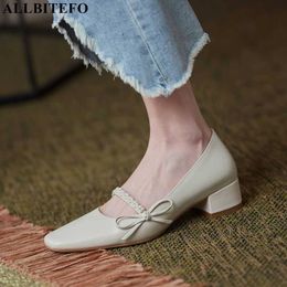 ALLBITEFO high quality genuine leather Pearl bowtie thick heels party women shoes brand high heel shoes women heels shoes 210611