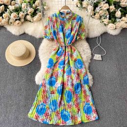 SINGREINY Women Print Pleated Dress Korean Style Puff Sleeve O Neck A-line Dresses Summer Bohemian Holiday Beach Midi Dress 210419